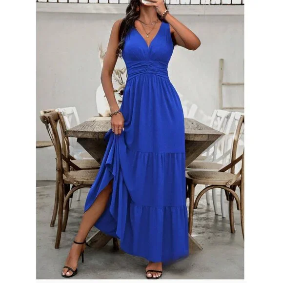 Boho V-Neck Pleated Waist Dress Blue - Picture 1 of 9
